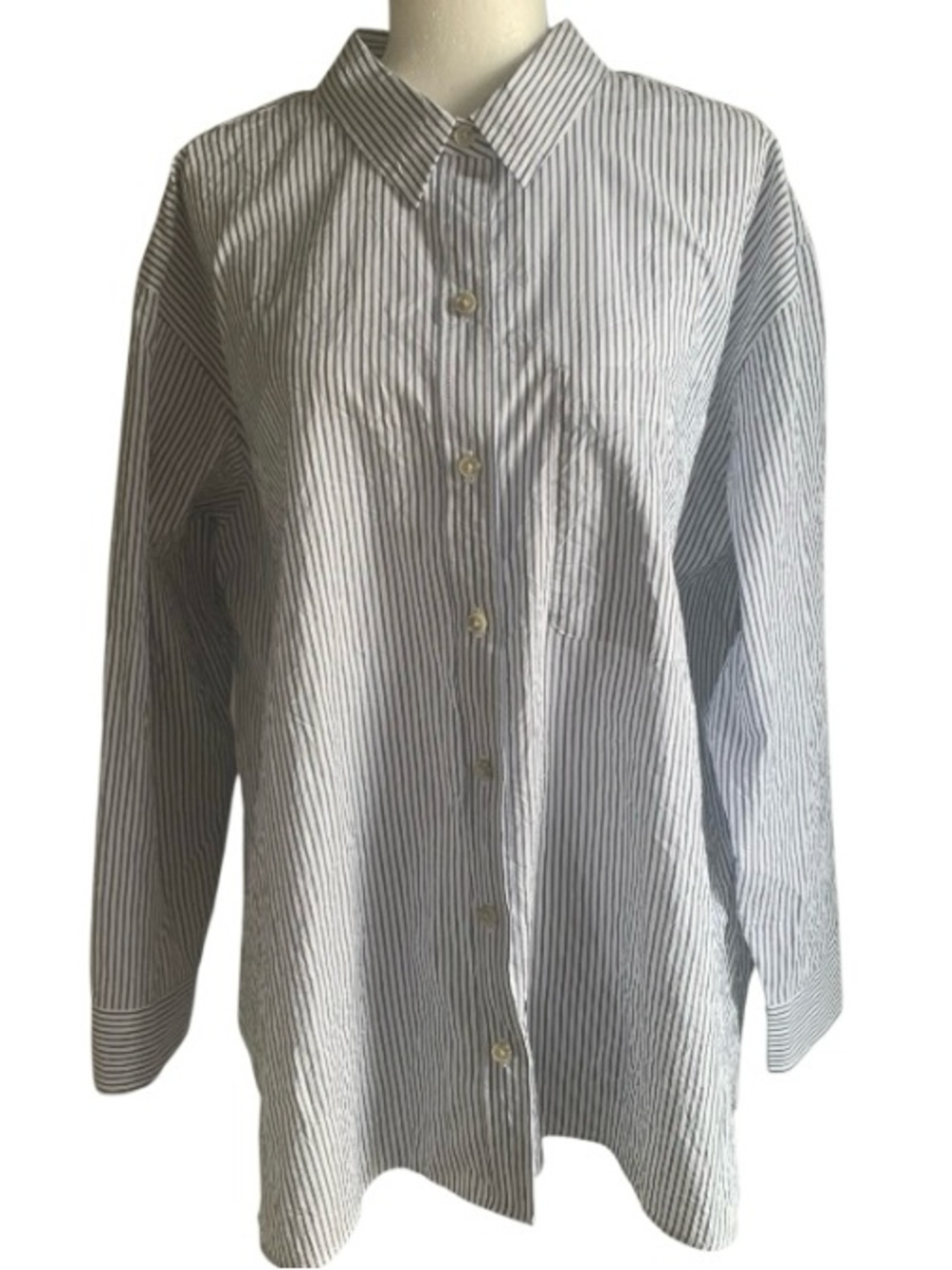 🆕 Eddie Bauer Shirt Crinkle Cotton Button up White Pale Blue Pinstripe 2XL - Picture 3 of 13